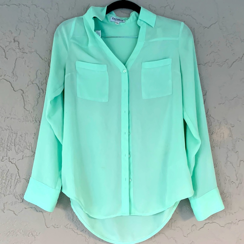 Express Turquoise Button-Up Blouse - Picture 2 of 7